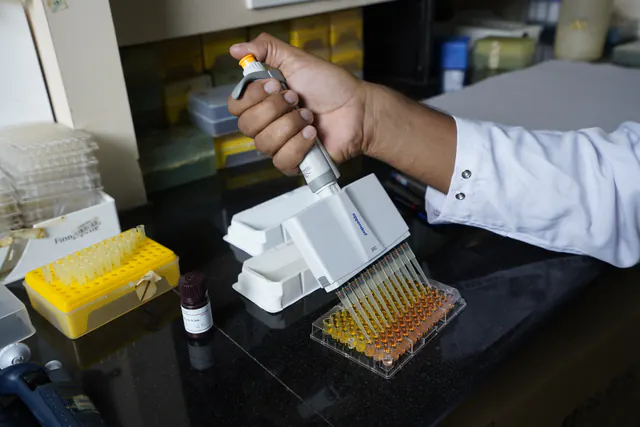 A multichannel pipette filling a 96-well plate on a laboratory bench at CSIR-CCMB, Hyderabad.