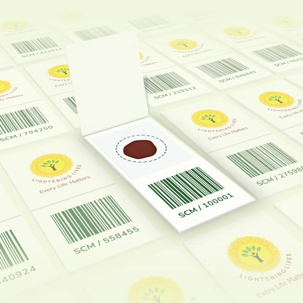 A small dried blood spot card held open: a cover flap, one dashed collection circle holding a dried blood spot, and a barcoded pocket. Rows of closed cards fade into the distance behind it.