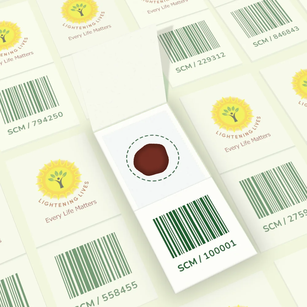 The open card seen from above: a single dried blood spot inside its dashed collection circle, above a barcode and sample code.