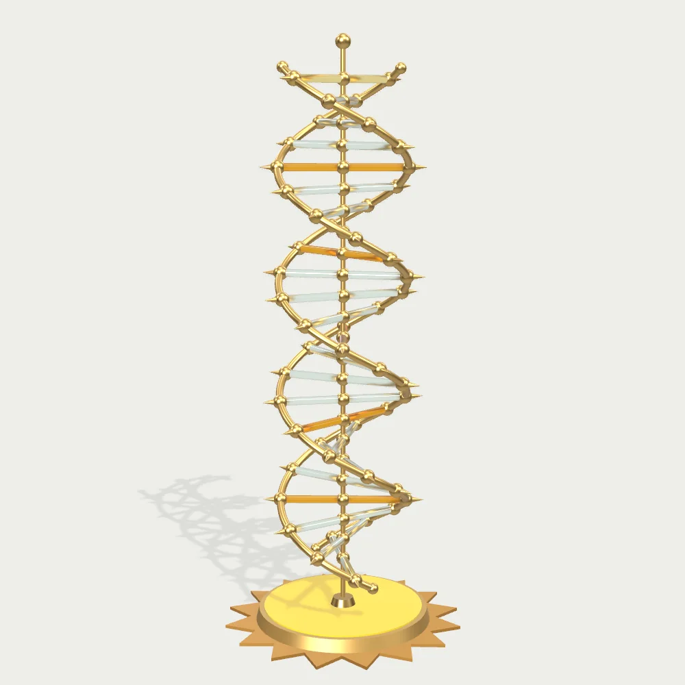 The whole model standing on its round brass base. Five of its glass rungs are lit in amber, one for each test developed so far, and the rung at the top glows pale yellow: the place open for the next.