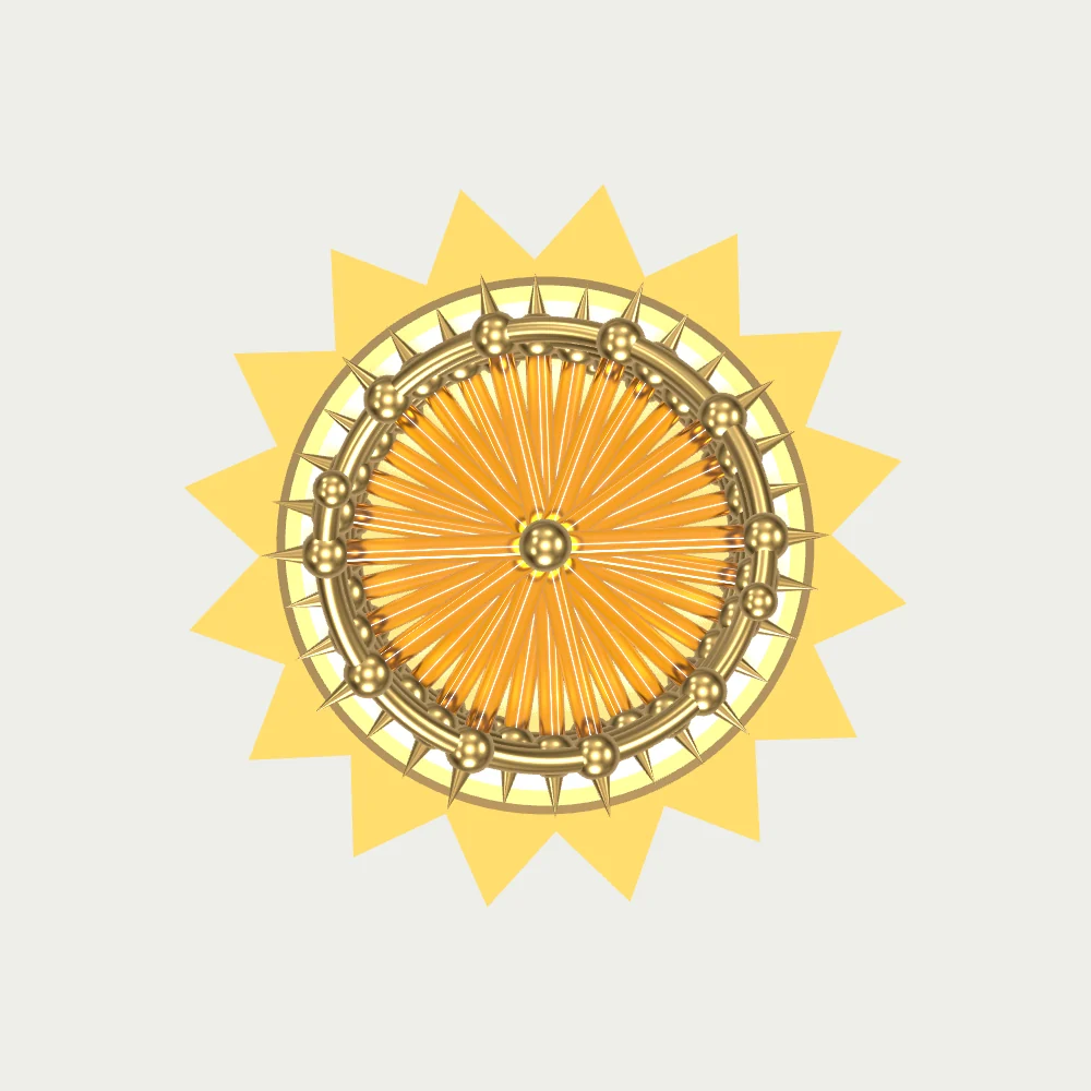 The same model seen from directly above. Its base is a yellow disc inside a ring of sixteen brass rays, and its amber glass rungs radiate across the disc, so that it looks like the sun in the Lightening Lives logo.