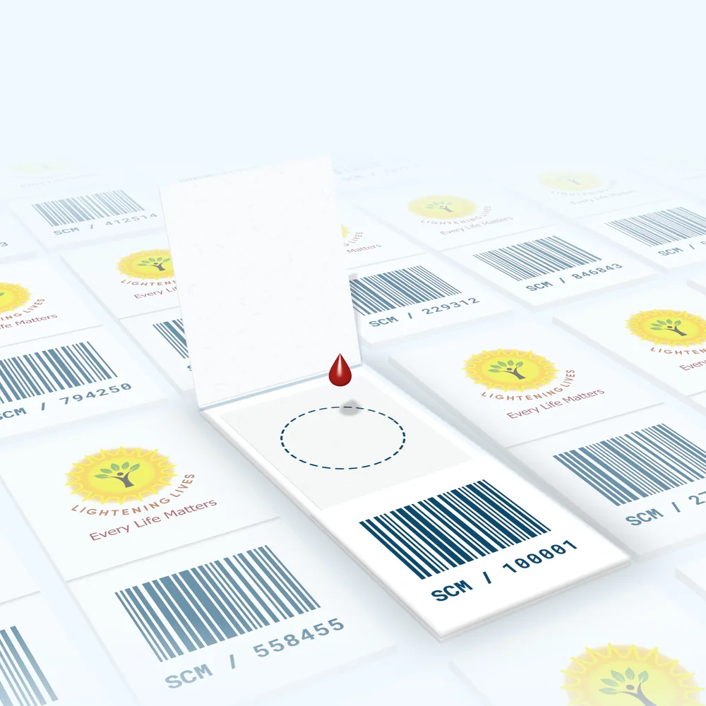 A dried blood spot card held open, with a single drop of blood falling towards its dashed collection circle. Rows of closed cards fade into the distance behind it.