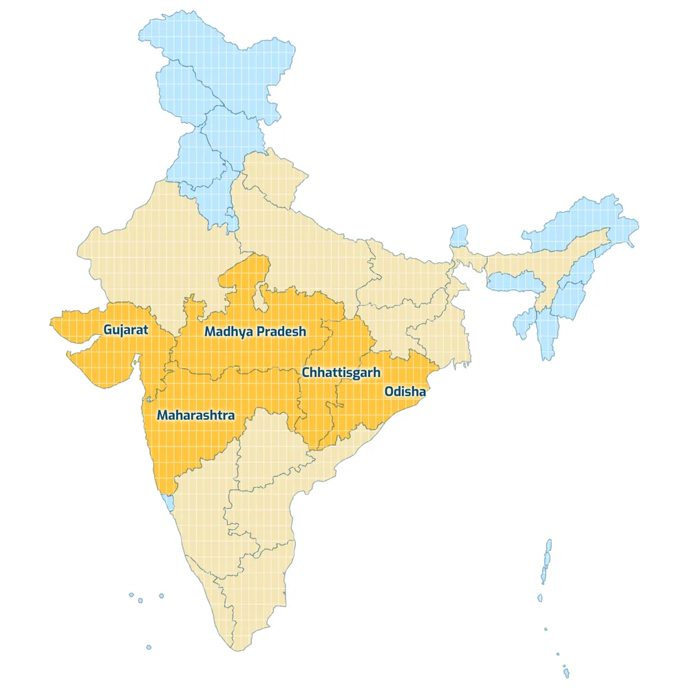 A map of India with state borders drawn on it. The states the chosen layer marks are shown in amber and named.