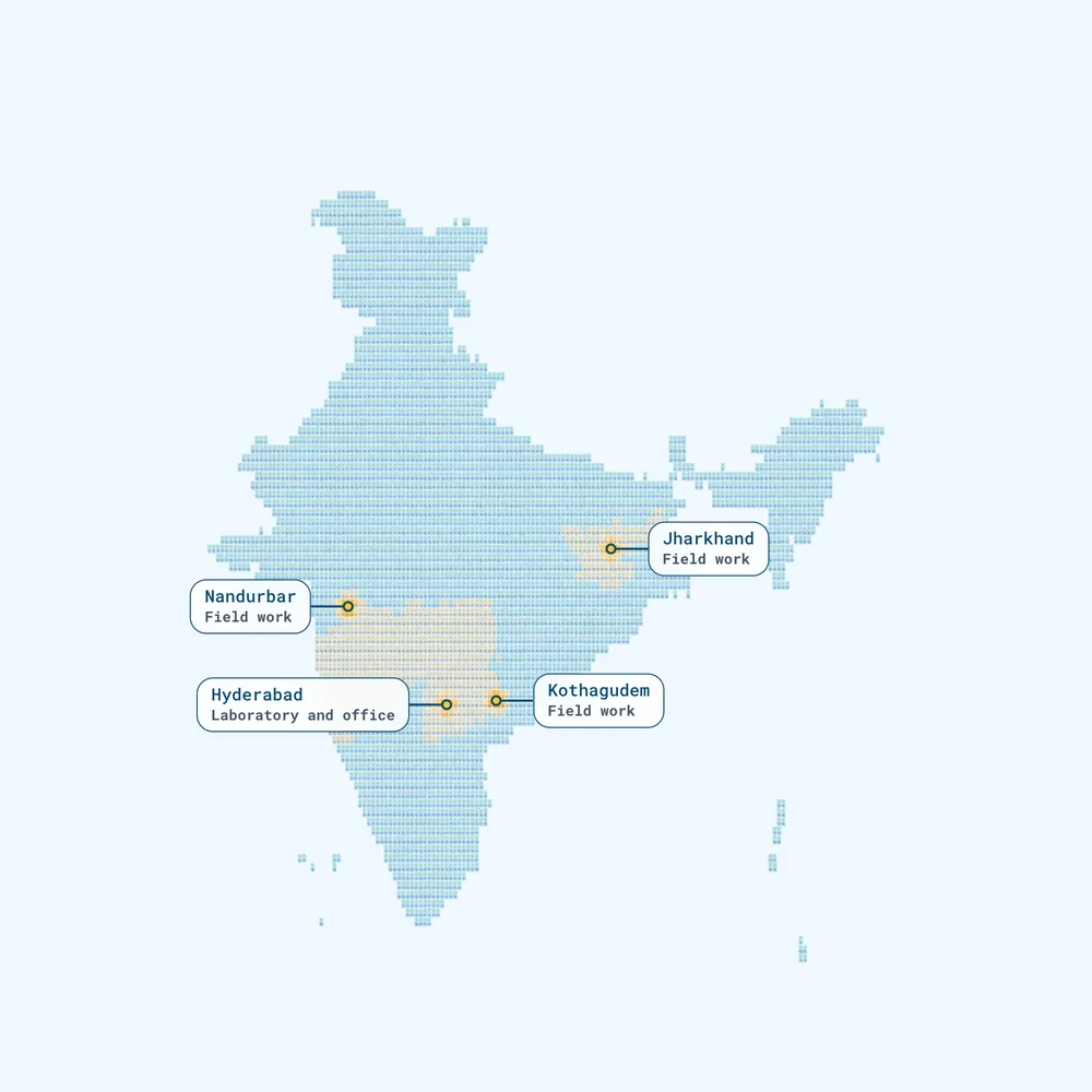Thousands of cards laid out in the shape of India, seen from straight above. Four places are pinned and named: Hyderabad, our laboratory and office, and Nandurbar, Kothagudem and Jharkhand, where we have done field work.