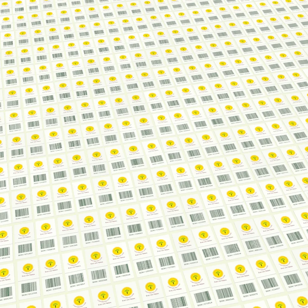 The same card, now closed, set down in a grid of many others that each carry the Lightening Lives logo and a barcode.