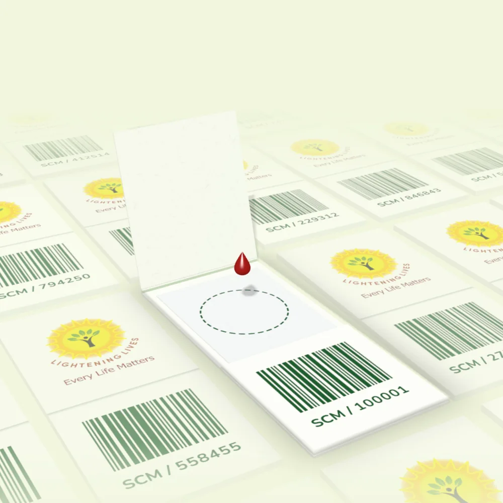 A dried blood spot card held open, with a single drop of blood falling towards its dashed collection circle. Rows of closed cards fade into the distance behind it.