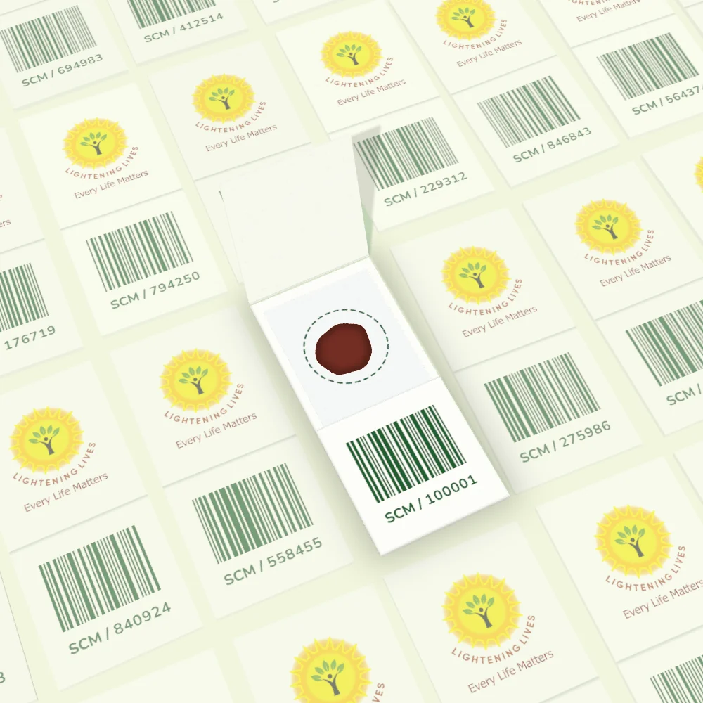 The open card seen from above: a single dried blood spot inside its dashed collection circle, above a barcode and sample code.