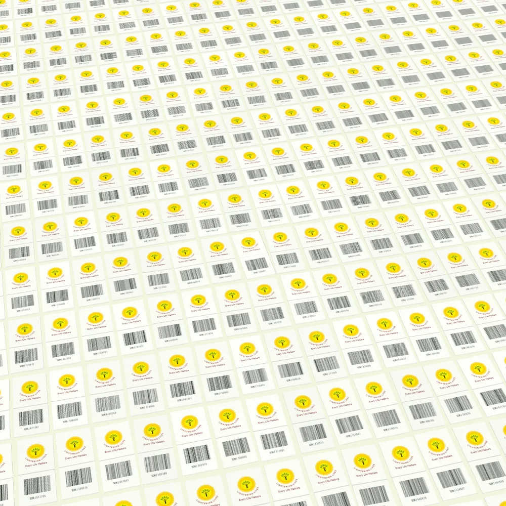 The same card, now closed, set down in a grid of many others that each carry the Lightening Lives logo and a barcode.