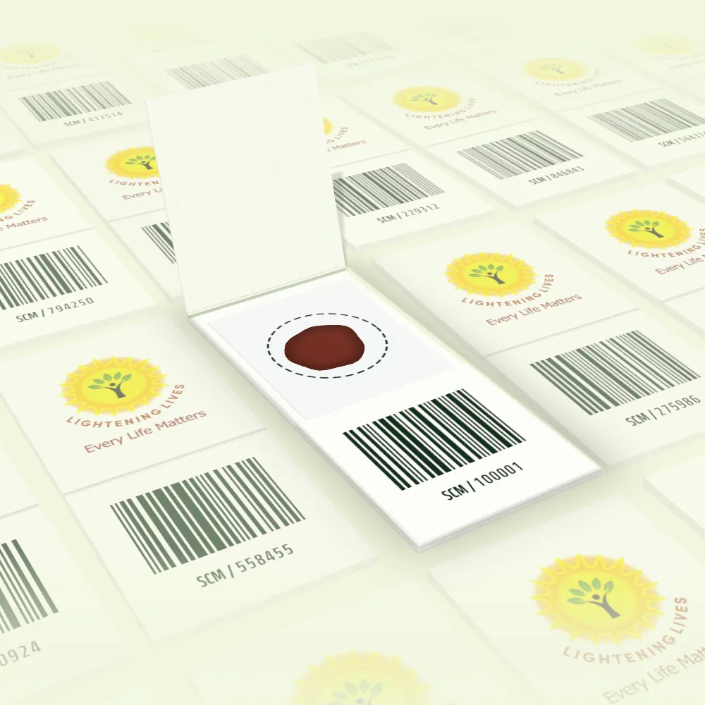A small dried blood spot card held open: a cover flap, one dashed collection circle holding a dried blood spot, and a barcoded pocket. Rows of closed cards fade into the distance behind it.