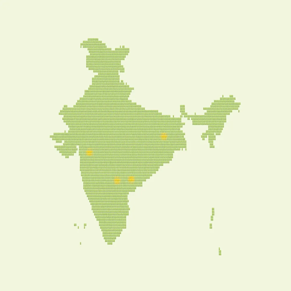 Thousands of cards laid out in the shape of India, with Hyderabad, Nandurbar, Kothagudem and Jharkhand highlighted in yellow.