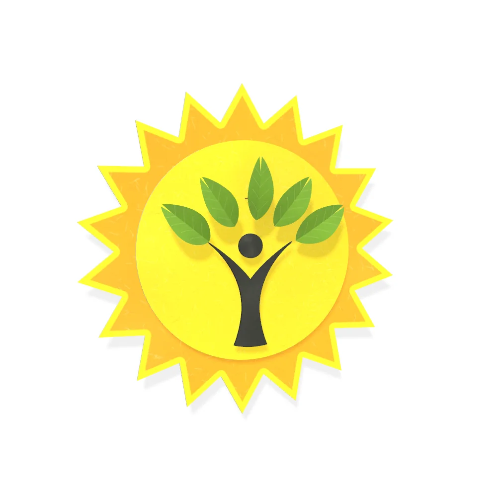 The Lightening Lives emblem as a paper sculpture: a yellow sun with amber rays, a dark figure with raised arms at its centre, and five folded green leaves fanning above the figure, each part casting a soft shadow.