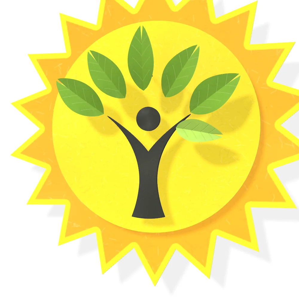 A close view of the figure at the centre of the emblem, cut from dark card, arms raised, against the yellow paper sun.